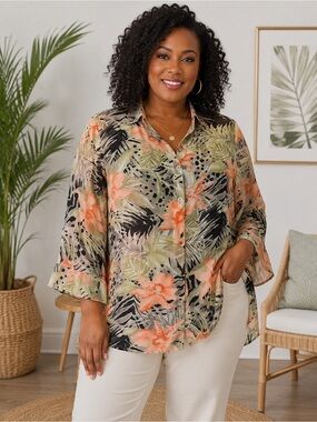 Cathy Che‎ Tropical Floral Sheer Blouse XL